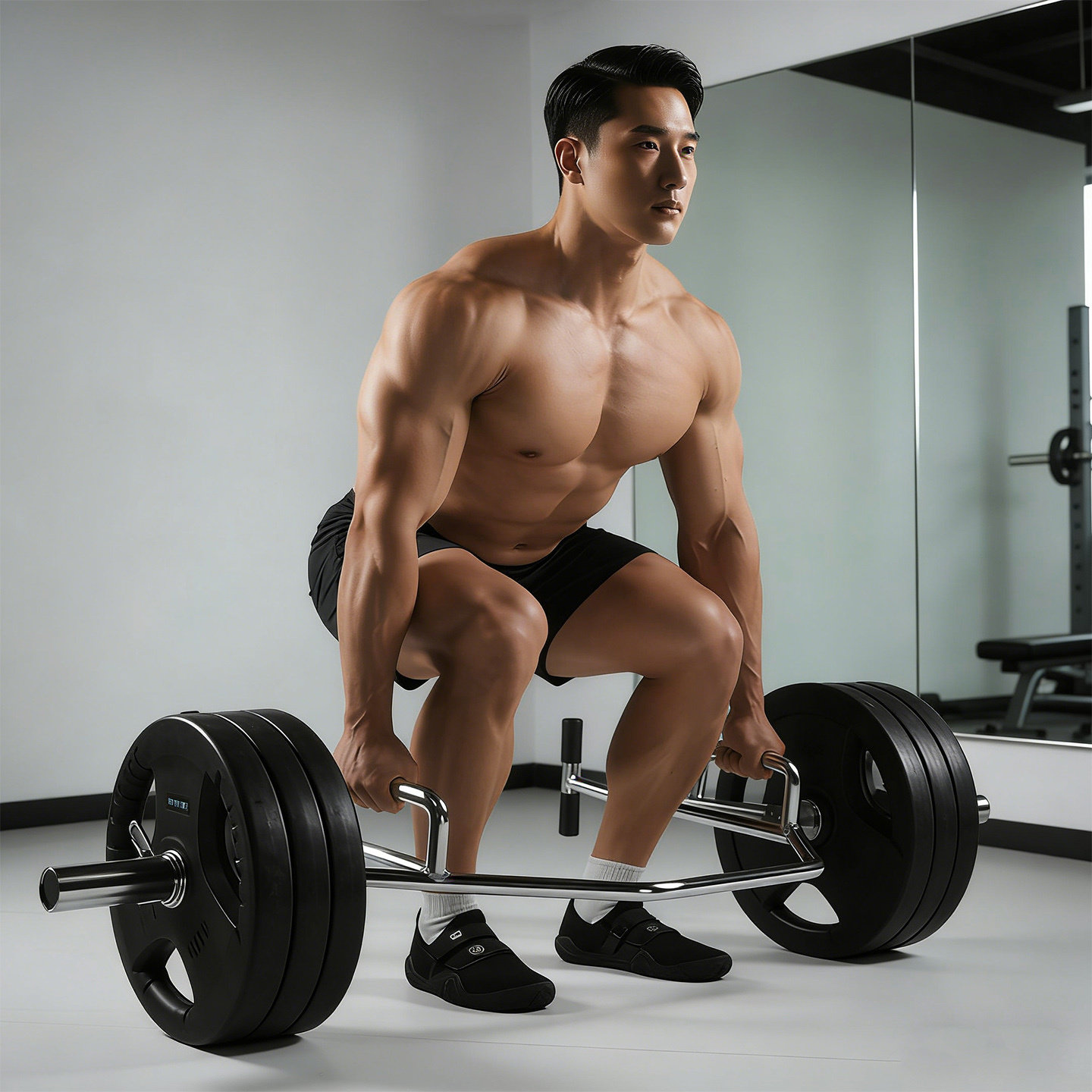 六角硬拉杠铃杆大孔电镀开口健身器材家用深蹲练背农夫走环形奥杆