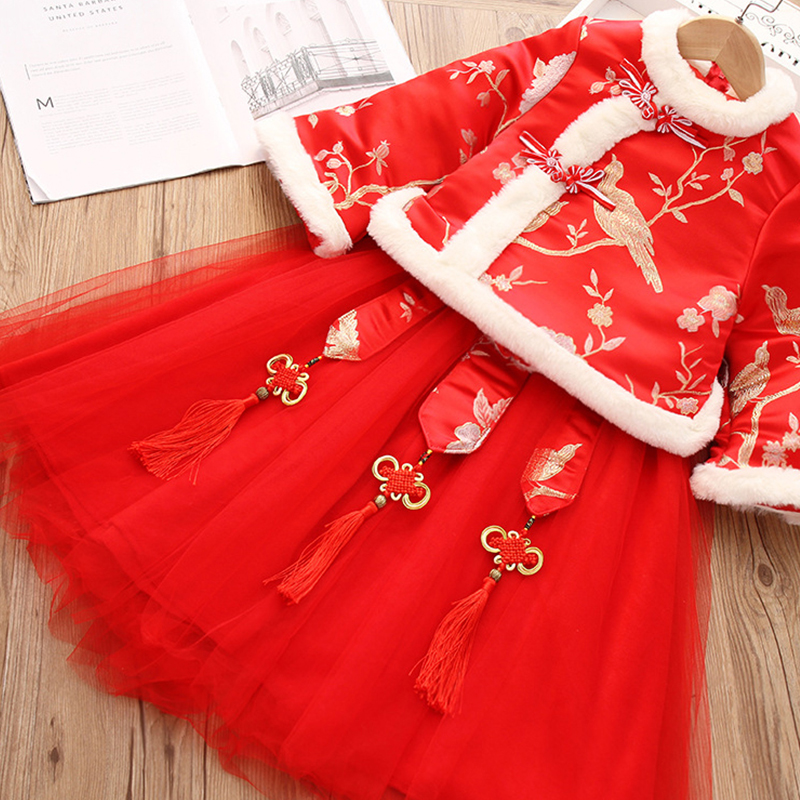 唐装女童新年装加绒加厚中国风汉服冬装儿童套装婴儿拜年服宝宝女