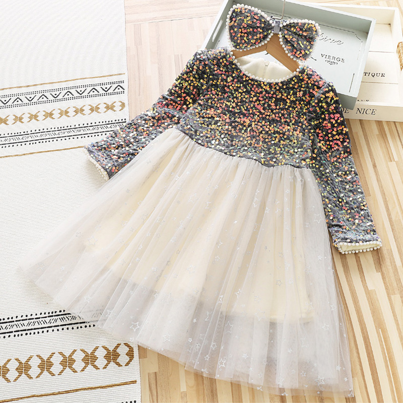 公主裙女童冬季童裙新品亮片连衣裙儿童长袖加绒女孩生日礼服裙子