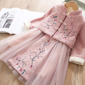 宝宝拜年服 儿童连衣裙新年唐装 汉服女童冬装 加绒加厚中国风套装