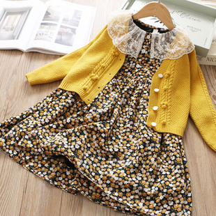 女童秋装 加绒连衣裙宝宝两件套韩版 儿童套装 毛衣洋气针织开衫