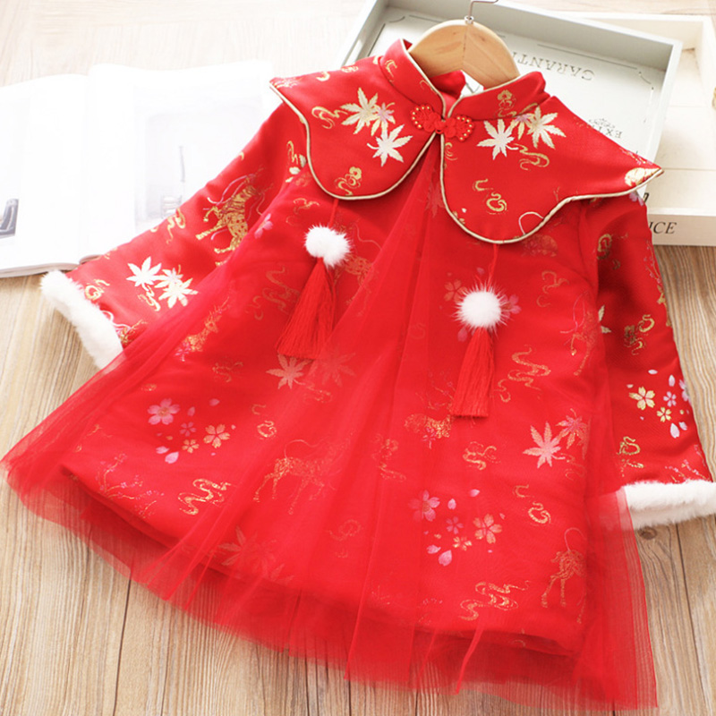 拜年服加绒加厚连衣裙女童冬季