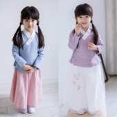 襦裙中国风童装 汉服女童春装 儿童交领上衣女孩复古风宝宝棉麻衬衫