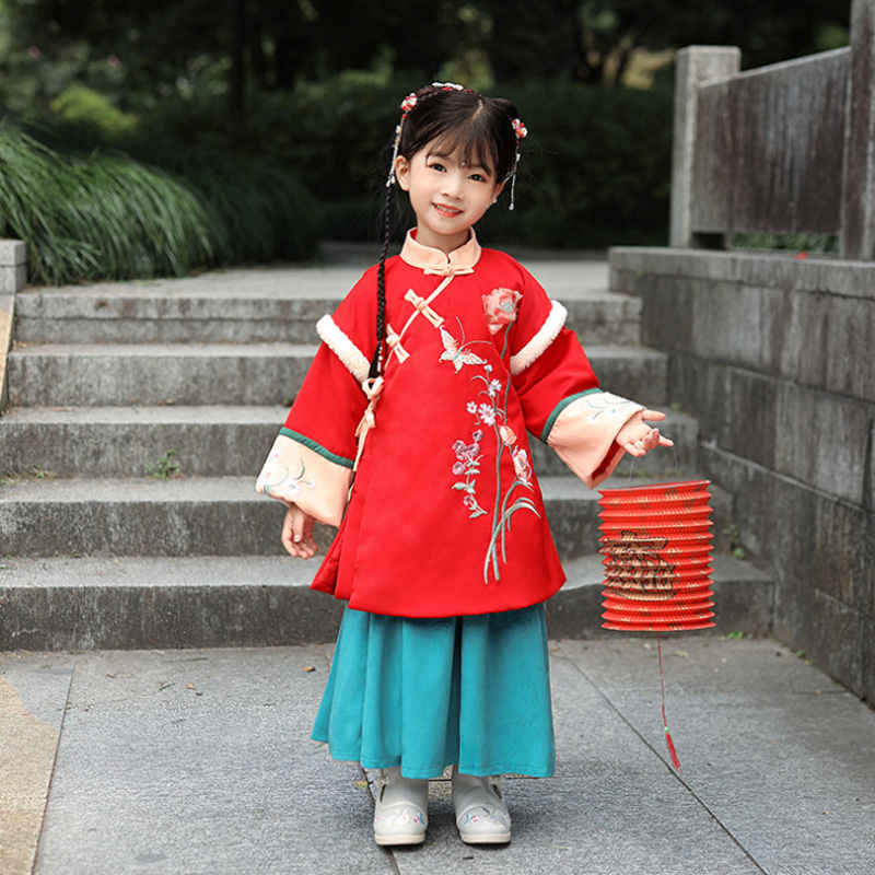 汉服女童冬装加厚加棉超仙古风中国风旗袍套装古装宝宝拜年服唐装