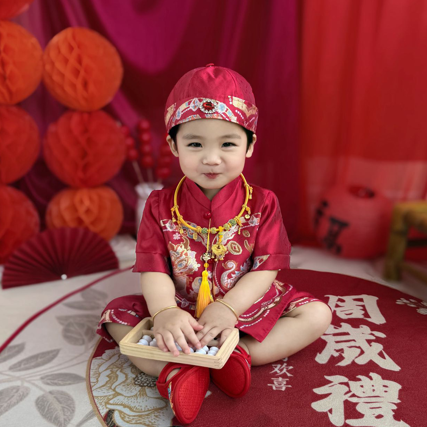 宝宝唐装礼服新中式喜庆生日抓周宴冠衣男童抓周服夏季套装红色