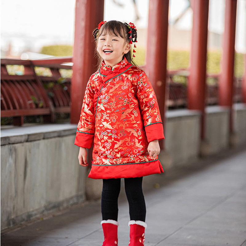 女童唐装冬季加厚新年装中国风汉服新年装儿童旗袍宝宝拜年服女冬