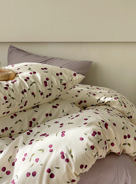 紫色樱桃小清新纯棉被套单件全棉150x215单双人被罩180x200x220