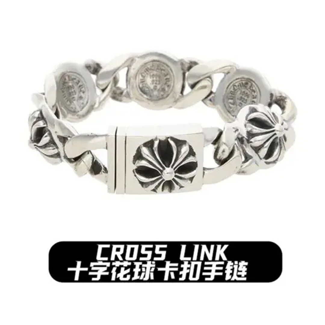 thumbnail for Hip Hop Trendy Brand Cross Army Flower Thai Silver Bracelet Punk Anchor Alphabet Plated S925 Sterling Silver Men's Cuban Bracelet