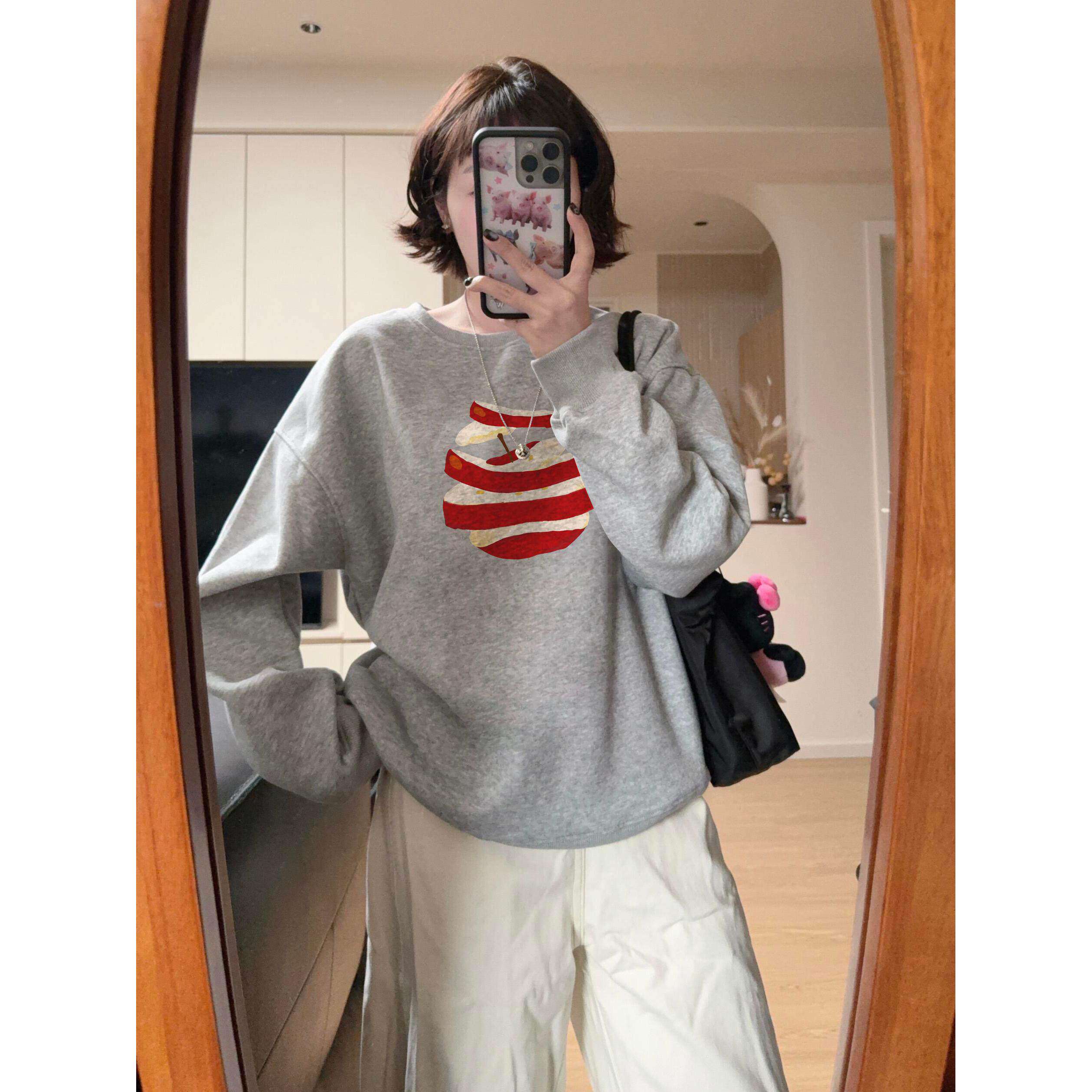 纯棉美式复古灰色无帽卫衣女2026新款设计感小众春季慵懒韩系上衣