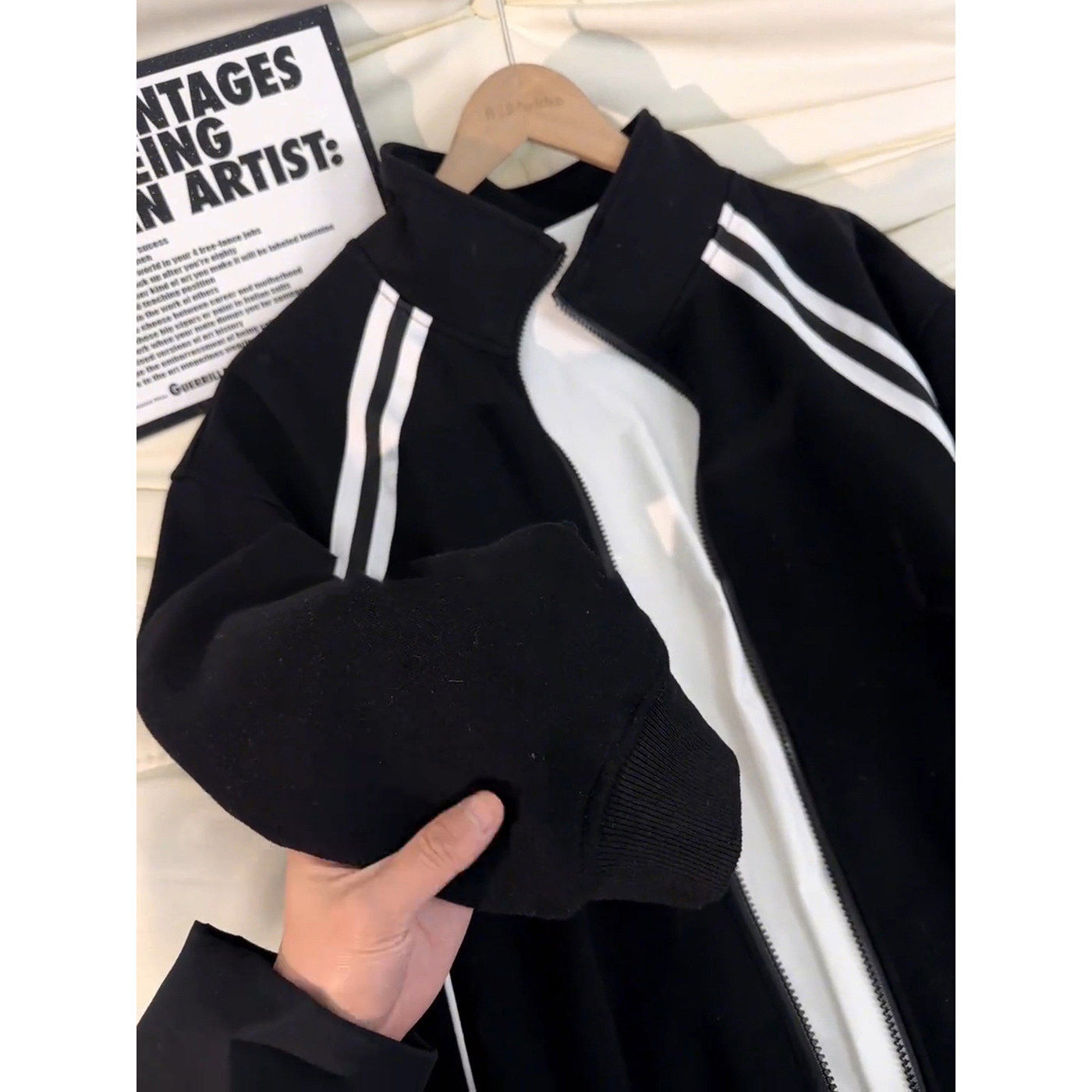 黑色美式立领条纹外套男女款春季潮牌学院风卫衣开衫重磅运动夹克