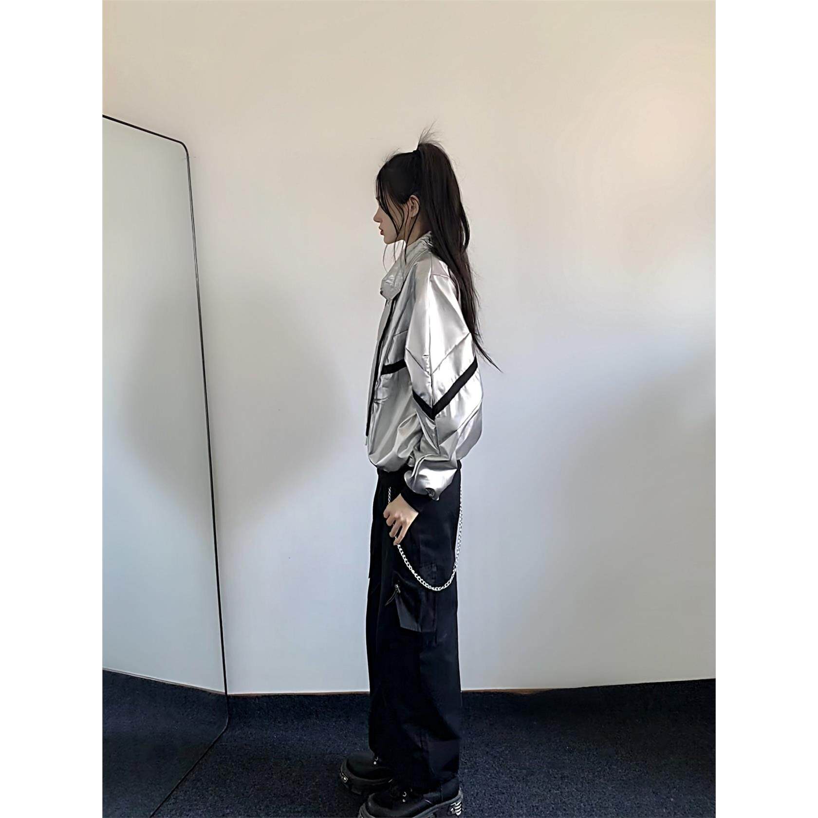 银色卫衣女新款2025爆款时尚洋气宽松慵懒风开衫外套工装裤子套装