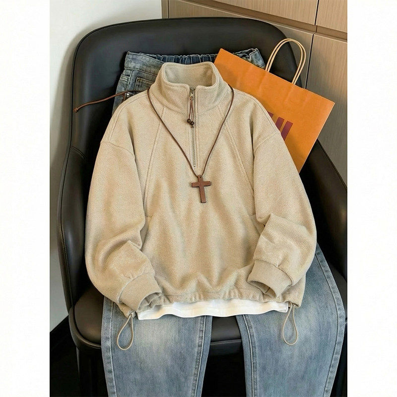 半拉链立领卫衣女春秋薄款2026新款韩系宽松慵懒风套头无帽上衣服