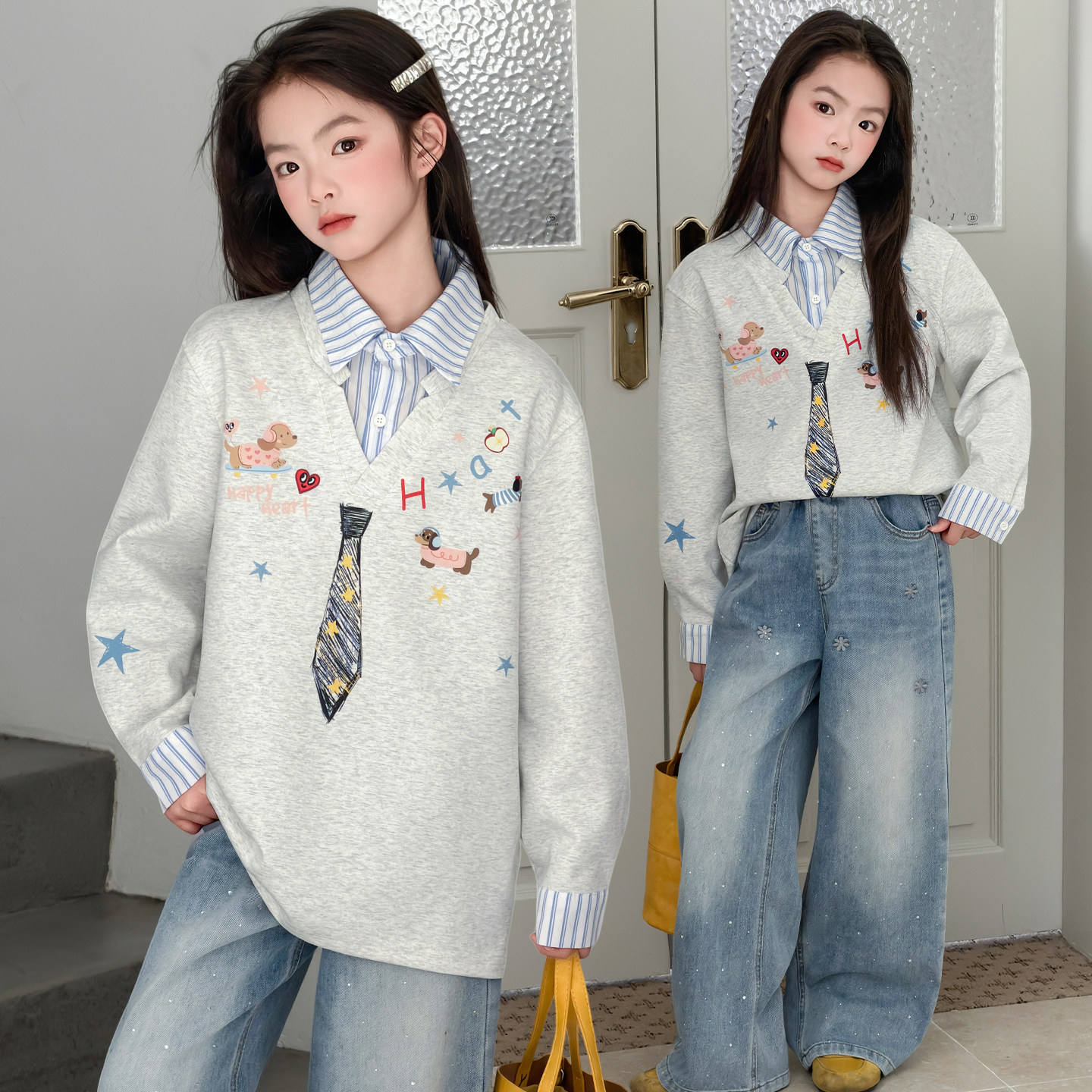 女童卫衣春秋装2026新款中大童洋气假两件长袖打底衫韩版休闲上衣