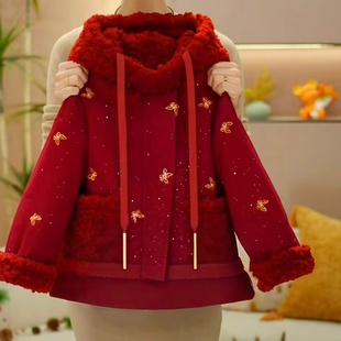 女童毛毛衣外套加绒加厚秋冬新款中大童两面穿连帽大衣保暖拜年服