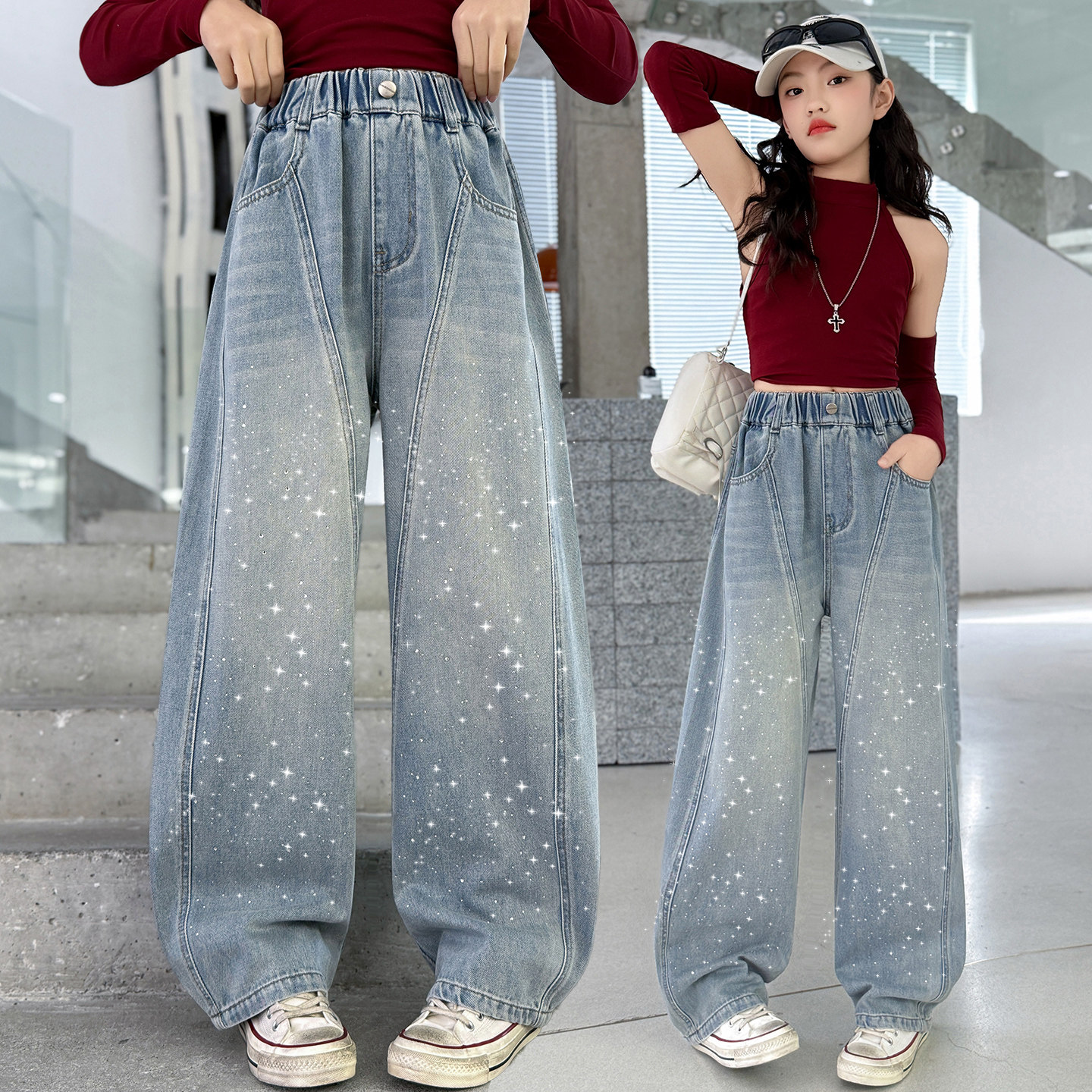 女童裤子牛仔弯刀裤春秋装新款中大童洋气烫钻直筒裤韩版休闲长裤