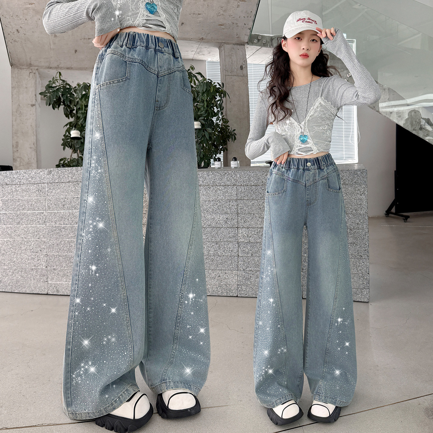 女童裤子牛仔阔腿裤春秋装新款中大童网红烫钻直筒裤宽松休闲长裤