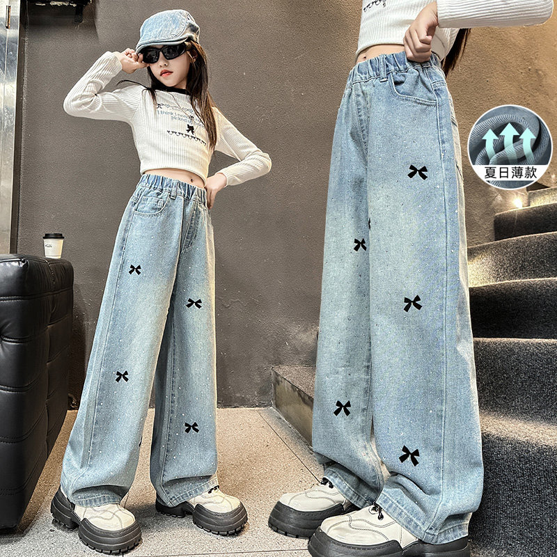 女童裤子牛仔裤夏装2026新款中大童洋气烫钻直筒裤夏季冰丝长裤薄