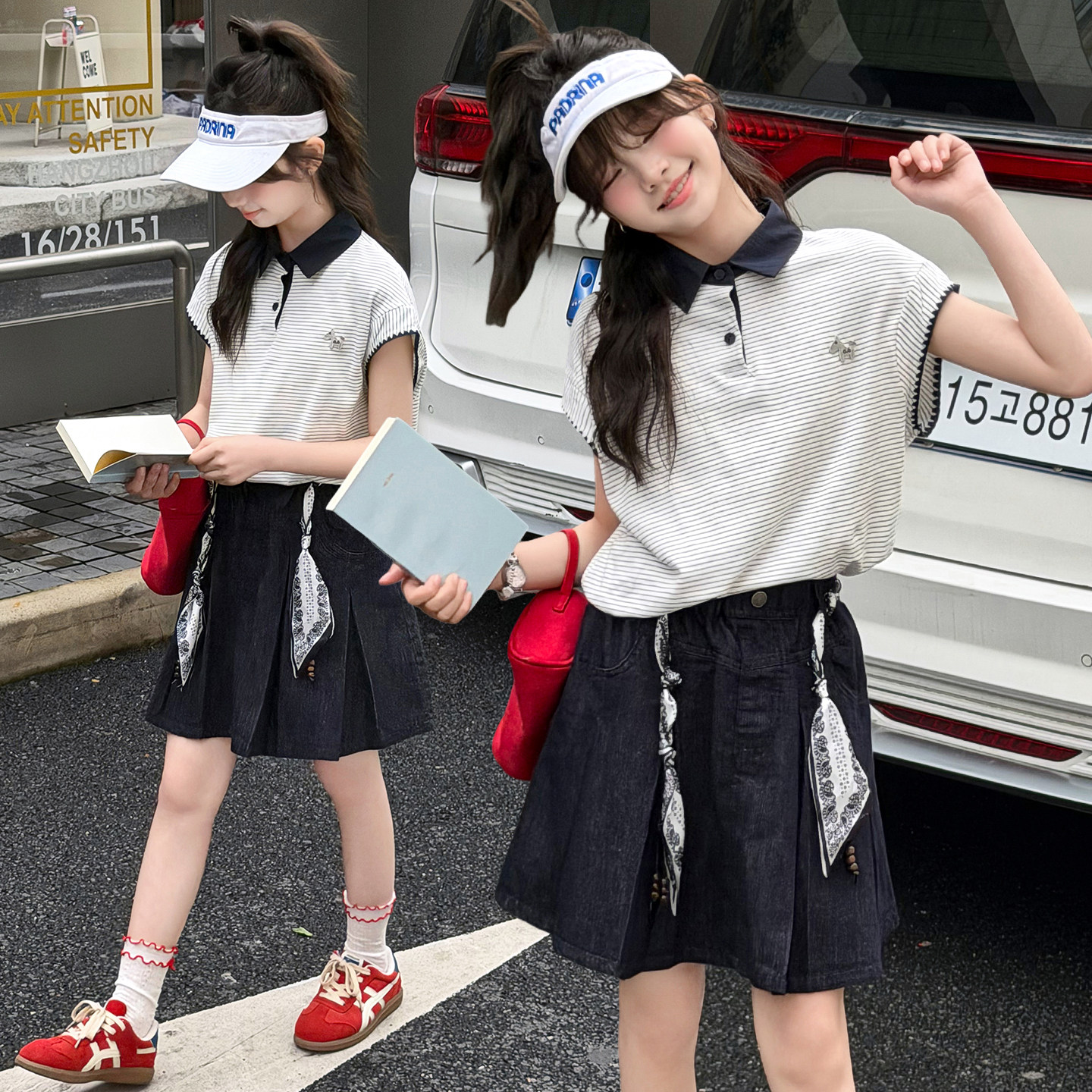 女童POLO衫短袖牛仔裙套装夏季薄