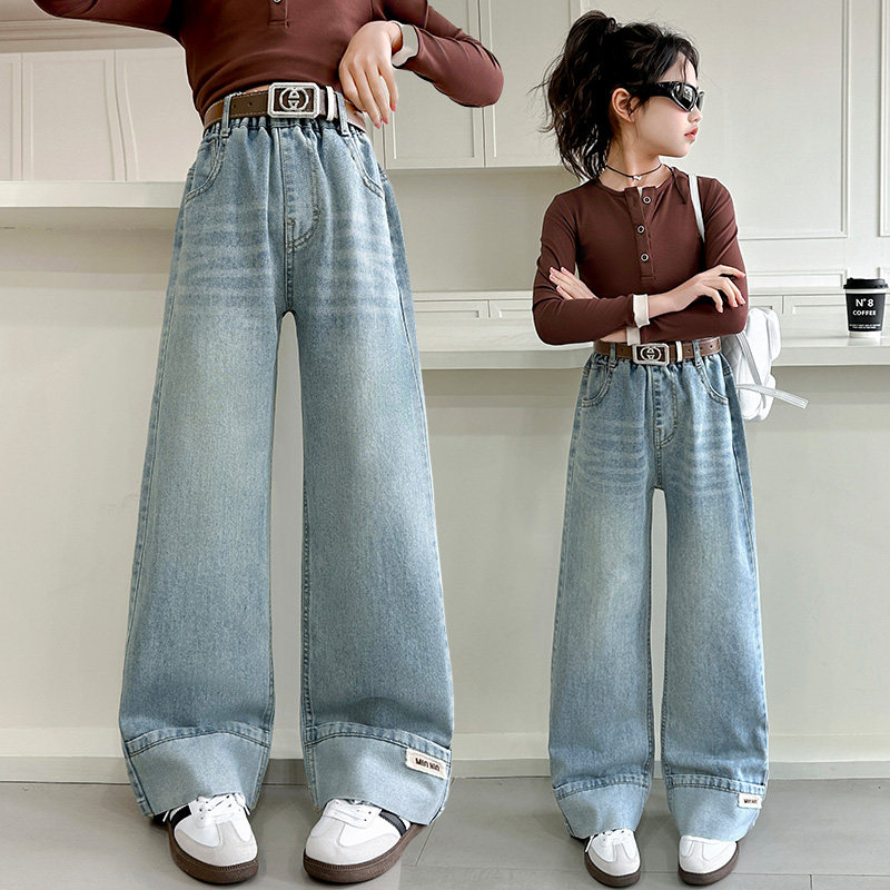女童裤子牛仔阔腿裤春秋装新款中大童洋气宽松直筒裤韩版休闲长裤