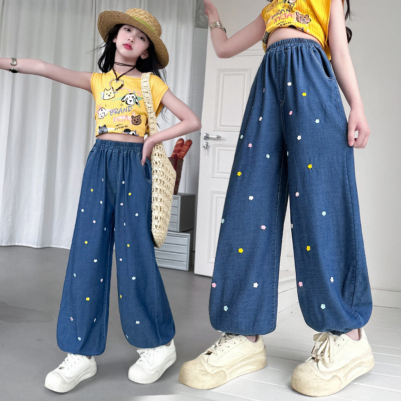 女童裤子牛仔裤夏装新款中大童洋气宽松直筒裤夏季冰丝防蚊裤薄款
