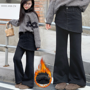 女童裤子牛仔裤加绒加厚秋冬装新款中大童洋气喇叭裤冬季保暖长裤