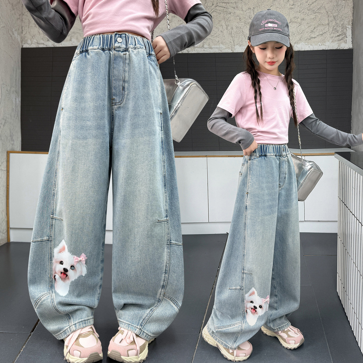 女童裤子牛仔弯刀裤春秋装新款中大童洋气印花直筒裤韩版休闲长裤