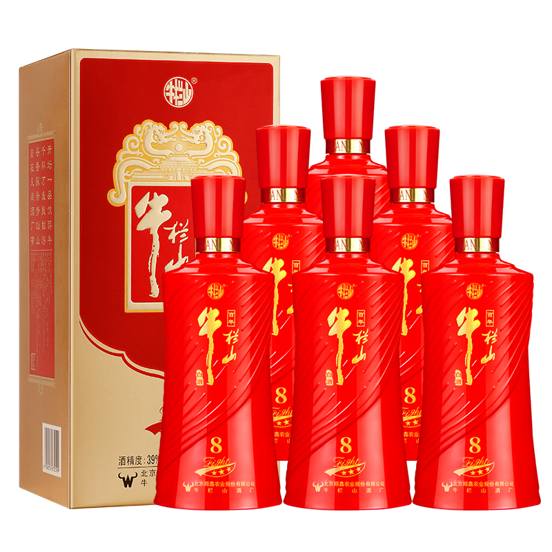 牛栏山二锅头39度百年红龙8低度白酒水500毫升*6瓶送礼盒装