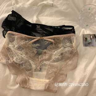 轻奢少女内裤女2026新款纯棉性感蕾丝蝴蝶结女三角裤法式透明镂空