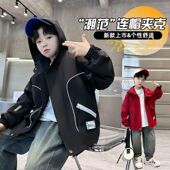 连帽上衣男童百搭冲锋衣潮 中大童时尚 儿童春秋装 红色外套2026新款