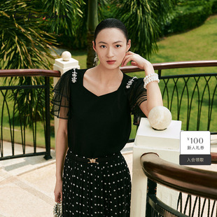 通勤简约网纱上衣女 纯色短袖 Lakoradior拉珂蒂减龄优雅夏季 新款