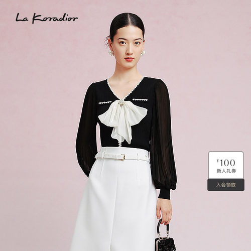 La Koradior拉珂蒂时尚秋季新款长袖打底衫黑色v领套头衫外穿女