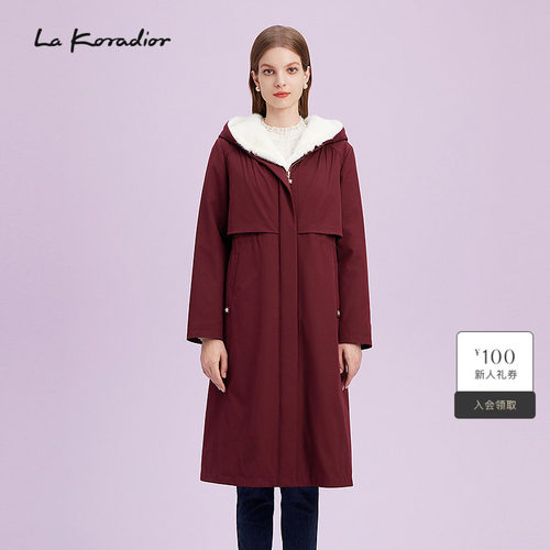La Koradior拉珂蒂商场同款新款纯色简约通勤连帽外套过膝保暖衣