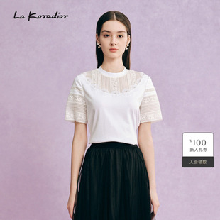 纯棉短袖 镂空蕾丝绣花圆领T恤衬衫 上衣 Koradior拉珂蒂商场同款
