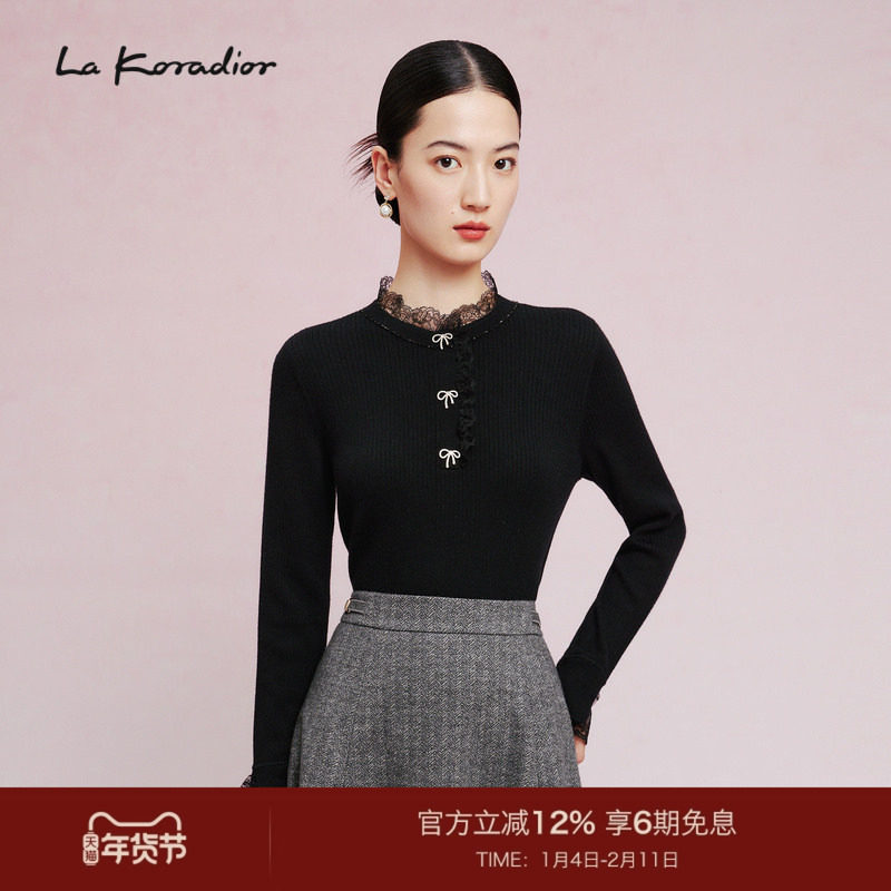【羊毛】La Koradior拉珂蒂蕾丝立领羊毛小衫打底上衣秋季针织衫,女装/女士精品,毛针织衫,淘宝优惠券,粉丝福利购,淘宝优惠卷