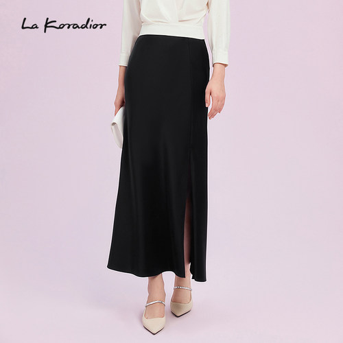 【进口三醋酸】Lakoradior拉珂蒂黑色高腰长裙春季侧开叉半身裙