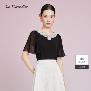 女上衣 钉珠针织小衫 Koradior拉珂蒂2025夏设计感气质荷叶袖