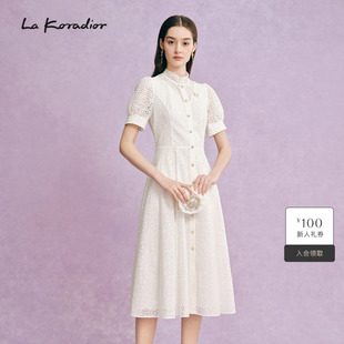 蕾丝a字连衣裙 气质过膝长裙女V领短袖 Koradior拉珂蒂商场同款