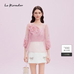 新品 Koradior拉珂蒂秋季 欧根纱透视刺绣精致上衣 精致社交