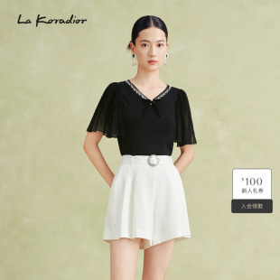 上衣黑色V领衬衫 Koradior拉珂蒂女夏短袖 气质修身 商场同款