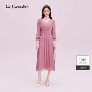 100桑蚕丝v领灯笼袖 新款 连衣裙女 Koradior拉珂蒂2025商场同款