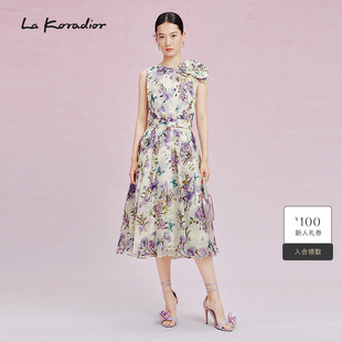 Lakoradior拉珂蒂女夏季 100桑蚕丝蝴蝶兰印花优雅丝绸连衣裙 新款