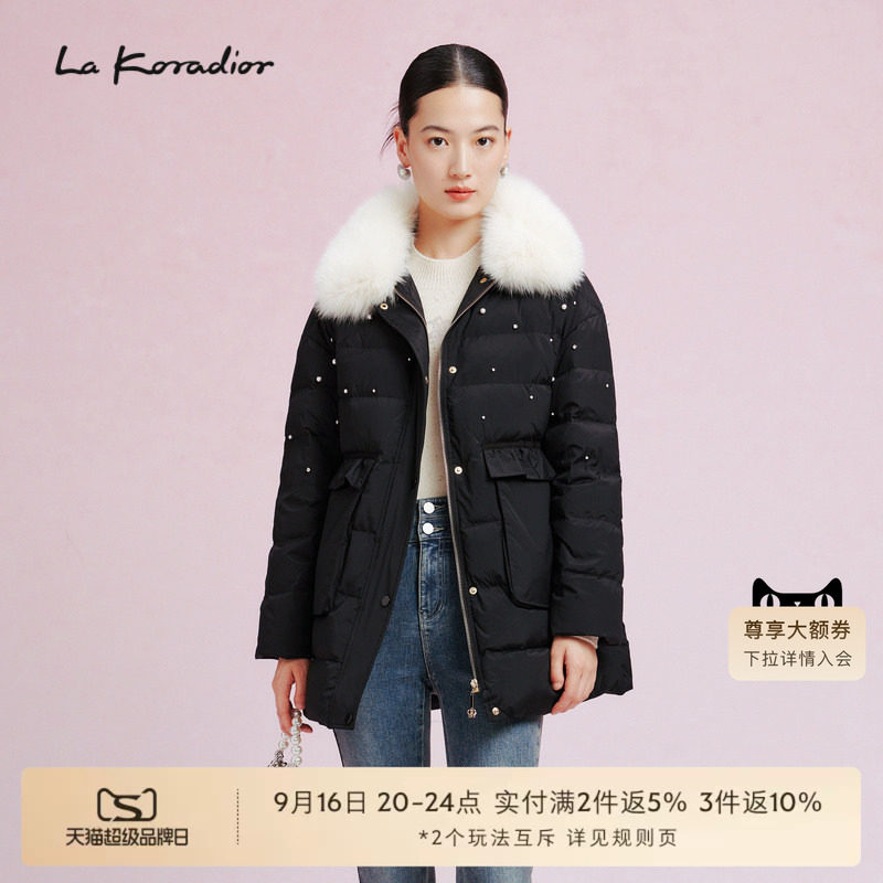 La Koradior拉珂蒂修身通勤时尚狐狸毛领羽绒服中长款鹅绒外套女