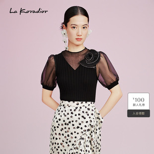 女 小衫 Koradior拉珂蒂气质优雅2025夏花卉半高圆领淑女短袖