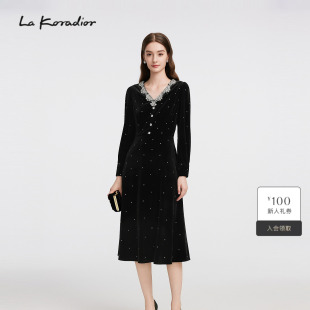 Lakoradior拉珂蒂气质女25秋冬赫本风钉珠丝绒连衣裙 商场同款