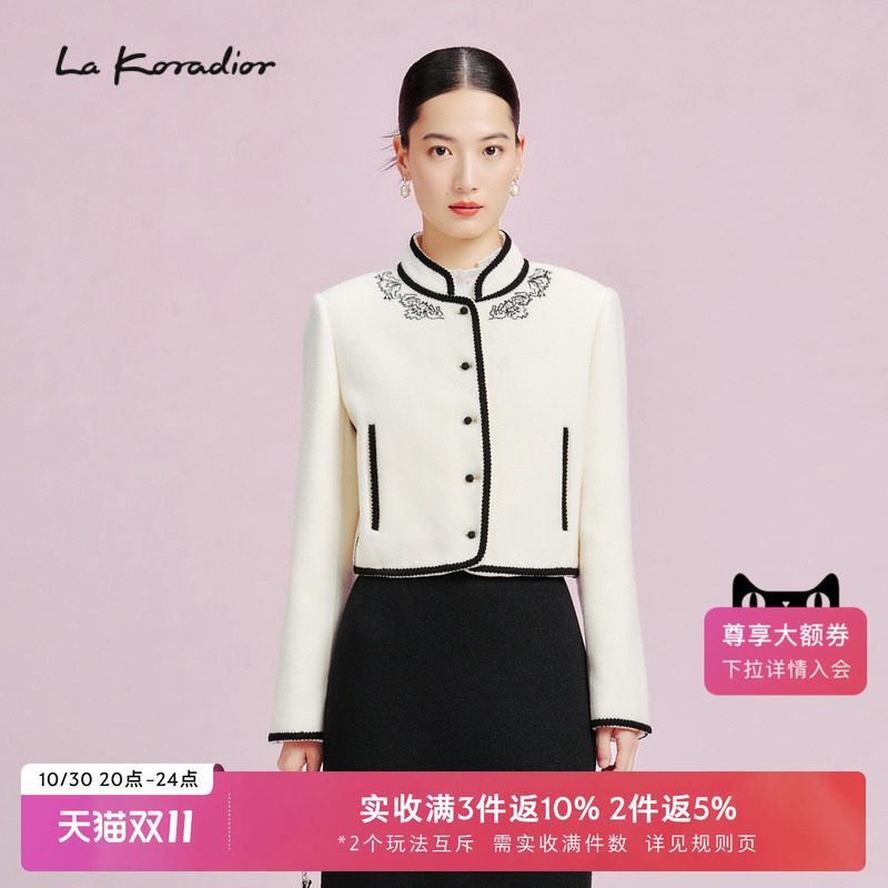 【羊毛】La Koradior拉珂蒂立领单排扣毛呢印花短上衣气质外套女