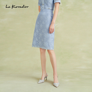 显瘦 气质蕾丝印花过膝半身裙修身 Koradior拉珂蒂简约春夏新款