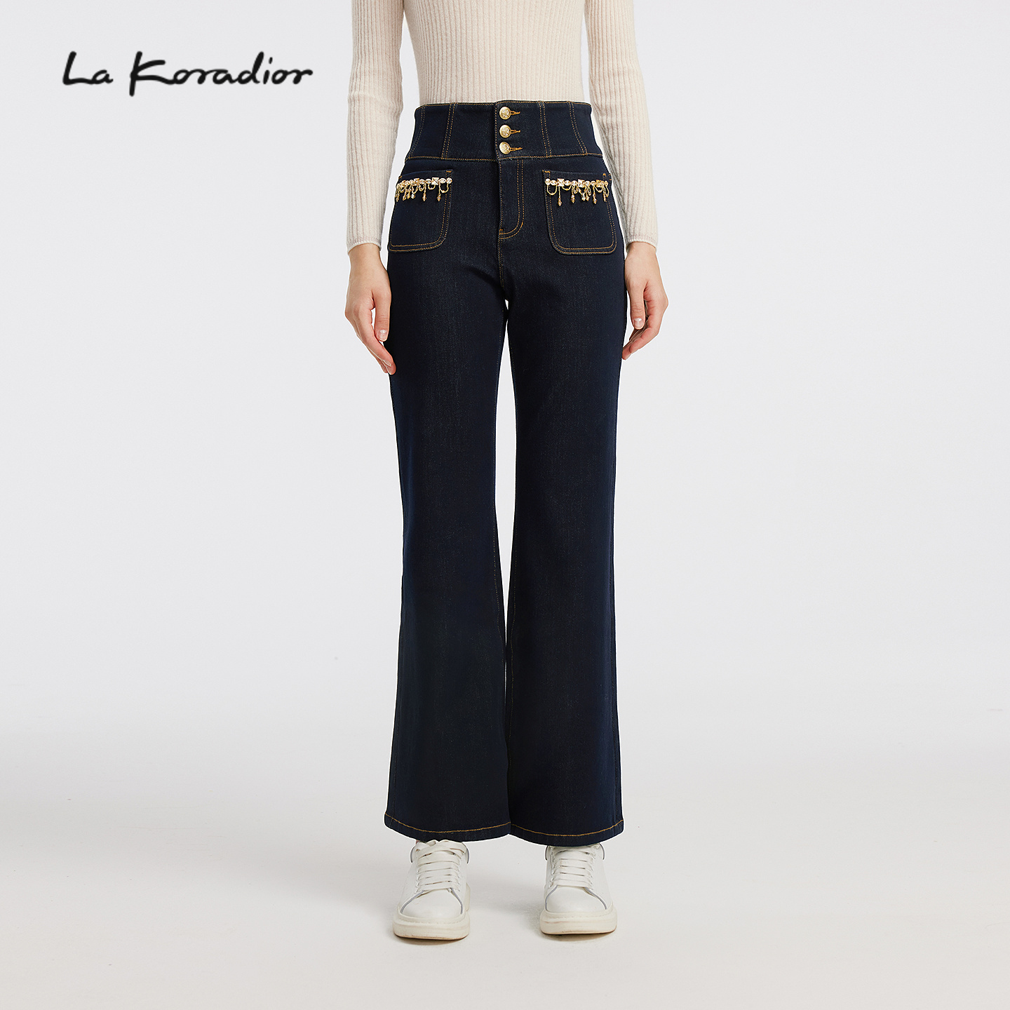【商场同款】La Koradior拉珂蒂通勤秋女新款链条高腰微喇牛仔裤