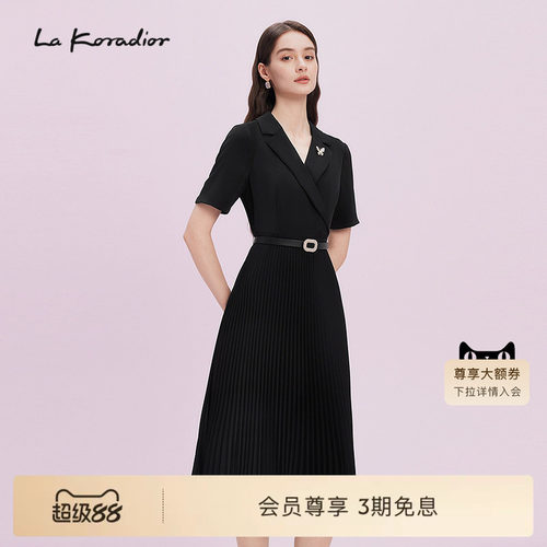 Lakoradior拉珂蒂商场同款时尚黑色蝴蝶装饰西装领短袖连衣裙女装