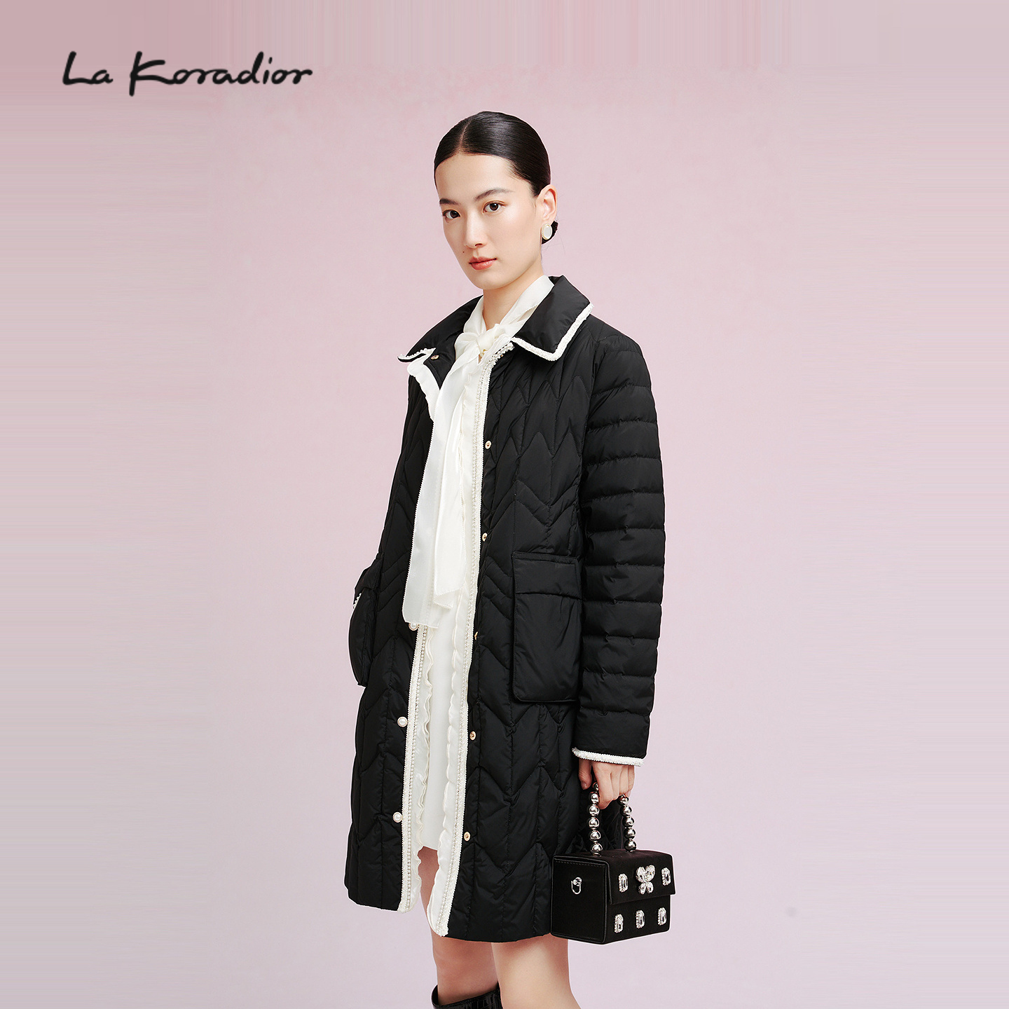 【商场同款】Lakoradior拉珂蒂气质秋冬新款香风撞色珍珠扣羽绒服