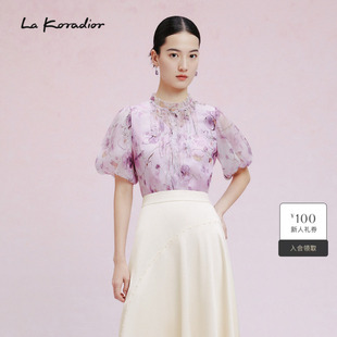 新款 夏季 泡泡袖 印花短袖 上衣女 淑女衬衫 Koradior拉珂蒂时尚